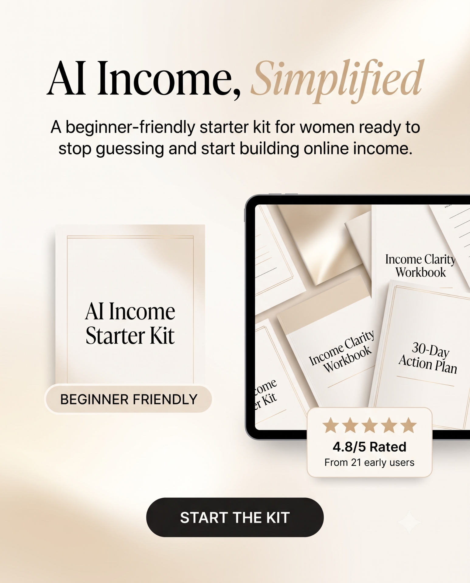 AI Income Starter Kit — workbook, planner, and dashboard mockups